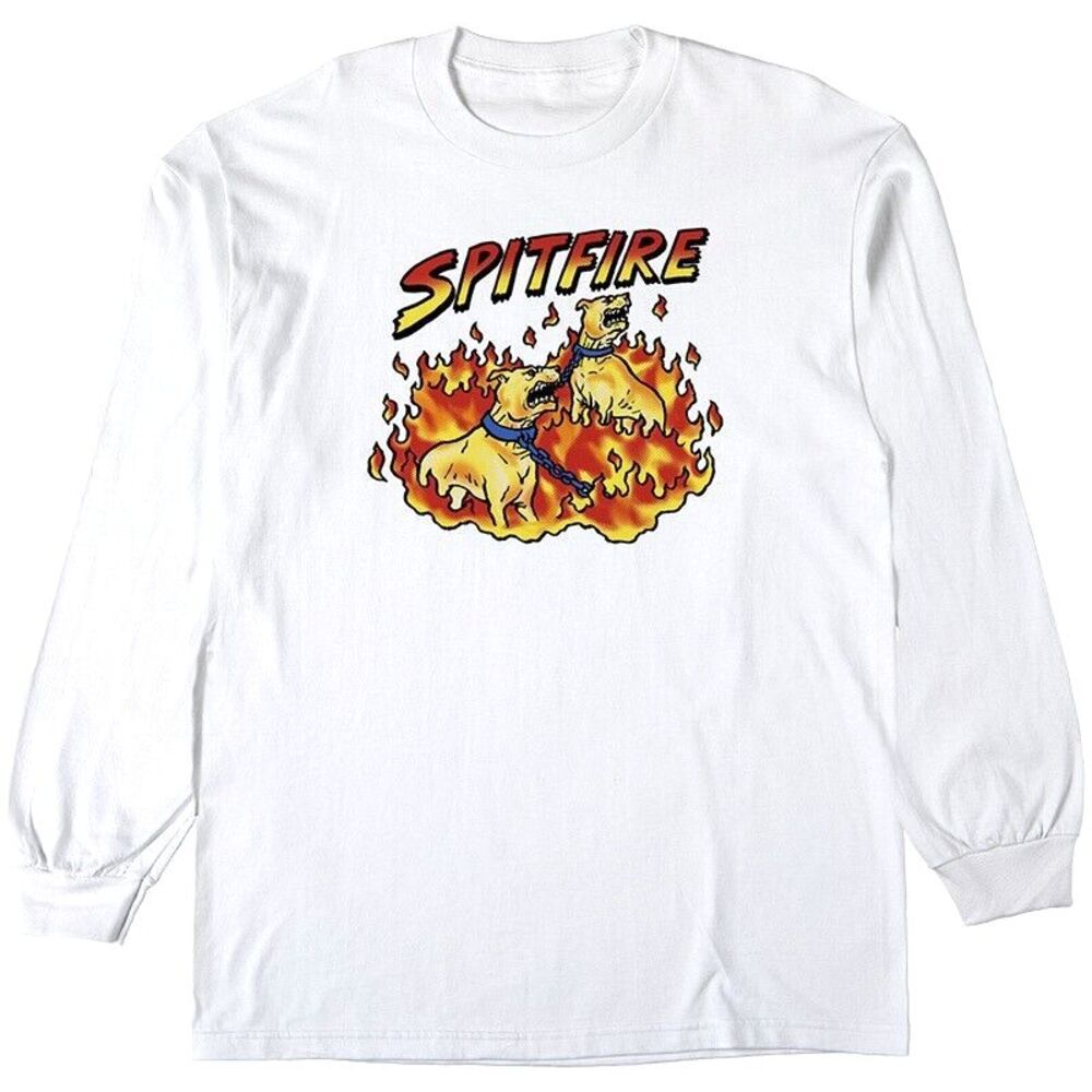 Skateboard T- Shirt, The Spitfire Hell Hounds Long Sleeve, White Tee, Men's Med